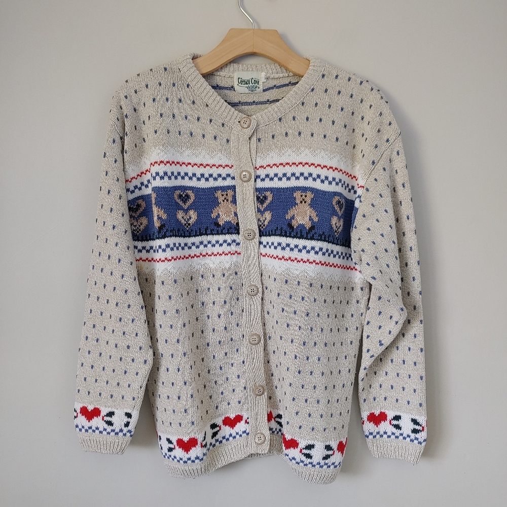 Vintage Cottage Cove Cardigan Knit Sweater Teddy Bear Hearts Size Medium Grandma - Picture 4 of 14